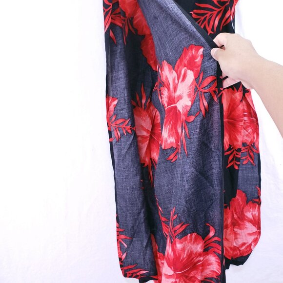 Hibiscus Collection Hawaii Red n Black Split Leg Open Sides Wrap Relaxed Floral - Picture 14 of 16
